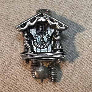Vintage Cuckoo Clock Charm Pendant Moving Parts Miniature ½” Silver-Tone